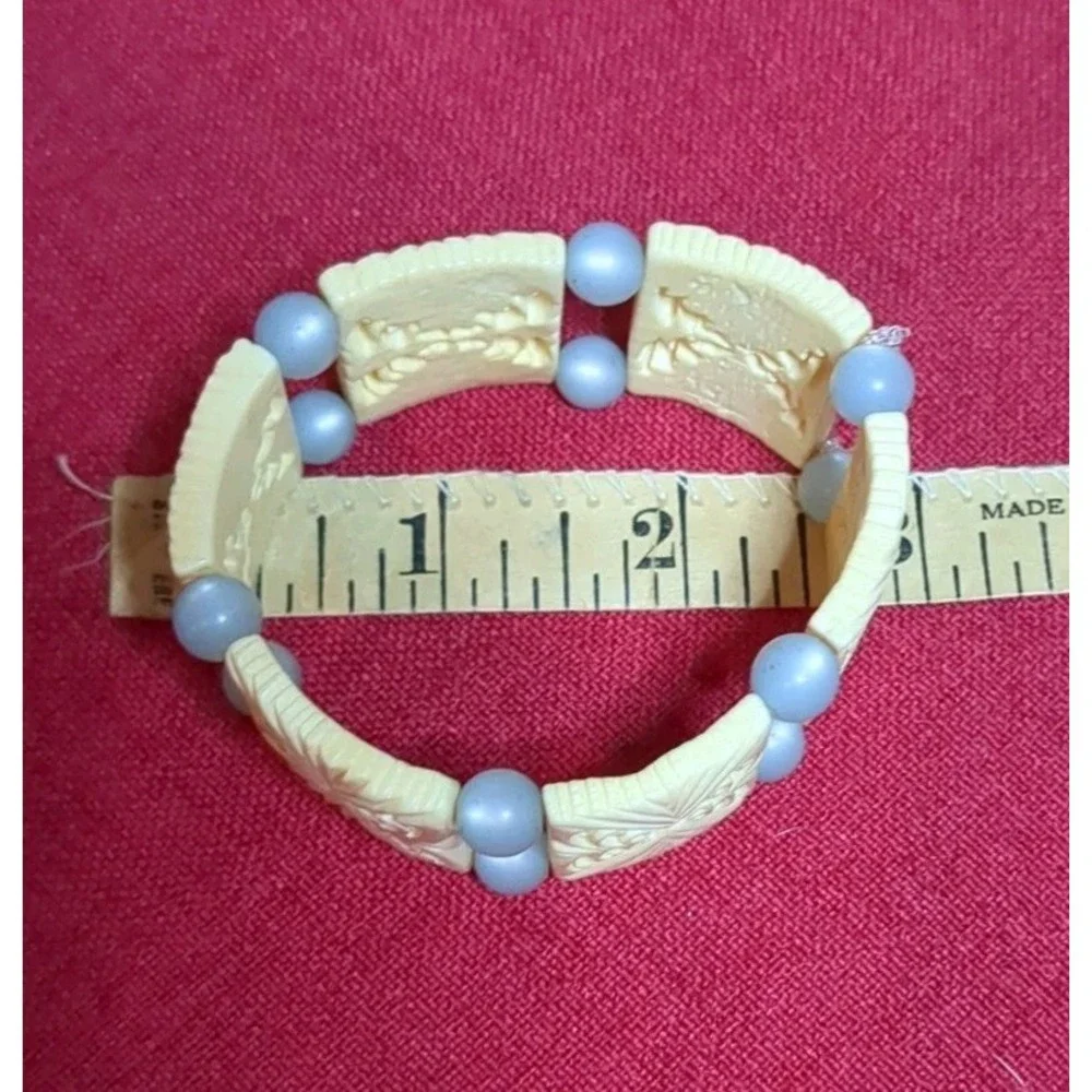 Vintage Carved Bovine Bone Tile Panels & Beads Stretch Bracelet‎ Restrung
